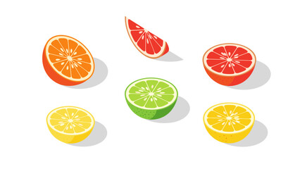 Obraz premium Colorful citrus fruit slices in isometric style on white background