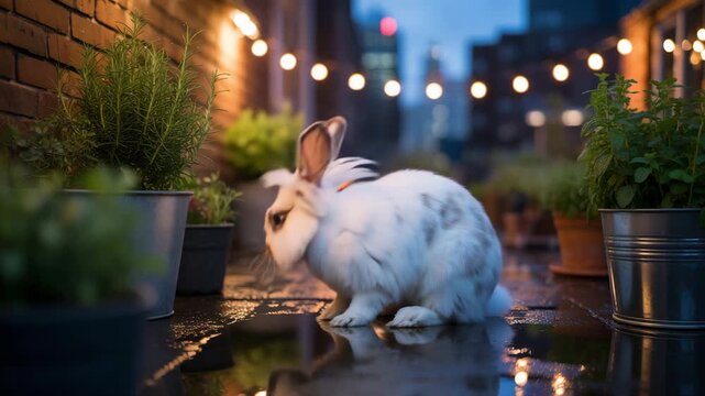 Fluffy angora rabbit resting peacefully under warm string lights