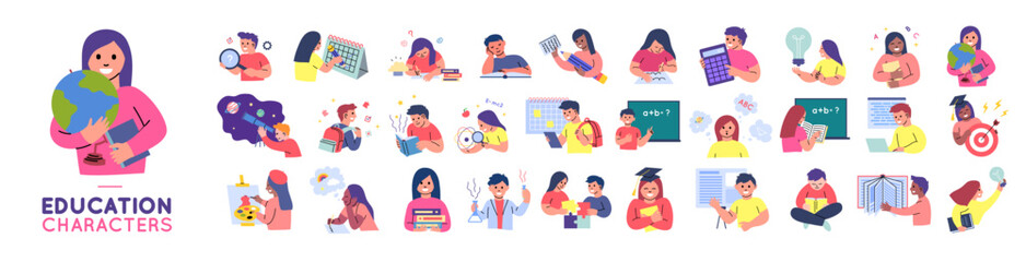 Cartoon Color Education Characters Students Scenes Concept Set Flat Design Style. Vector illustration of Different Research, Discipline and Art Project