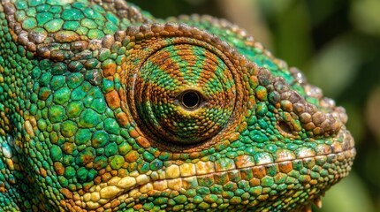 The Chameleon's Gaze: A close-up view unveils the intricate detail of a chameleon's eye and textured skin, highlighting the animal's remarkable camouflage and adaptation in its environment.