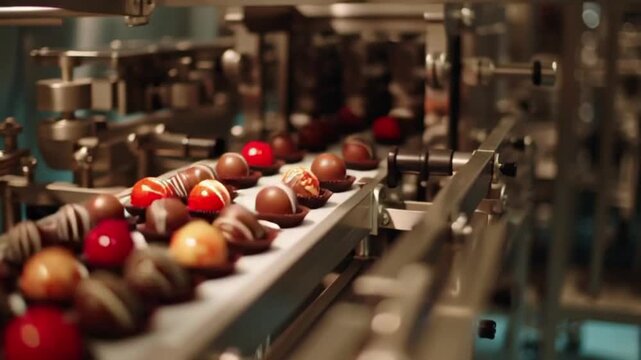 Gourmet chocolate truffles moving on automated production line luxury confectionery manufacturing