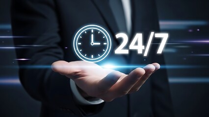 Full Time Support 24/7 Concept Featuring a Businessman Presenting a Glowing Digital Clock Symbol for Constant Service Availability