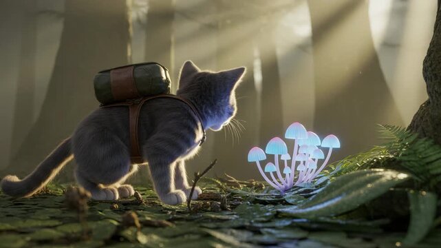 Playful cat cartoon chasing butterfly in sunny flower garden