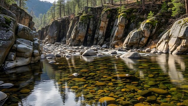 Tranquil River Canyon: Clear Water Smooth Stones and Sun-Dappled Mossy Cliffs. - Powered by Adobe