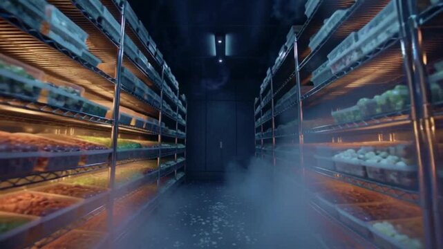 Industrial cold storage walk-in freezer aisle with food containers on shelves and atmospheric mist