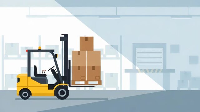 Yellow forklift moving stacked cardboard boxes on a pallet within a warehouse. Logistics and delivery concept for storage and distribution.