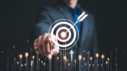 Hand Touching a Glowing Bullseye Target Icon with Upward Growing Financial Charts and Arrows for ROI Success
