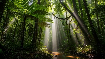 Obraz premium Ethereal Sunbeams Piercing Lush Rainforest Canopy Above a Serene Jungle Stream.