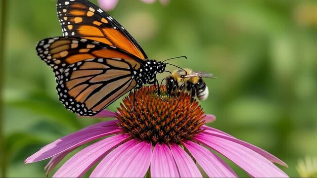 Monarch butterfly interacting with bee on pink coneflower in lush garden setting