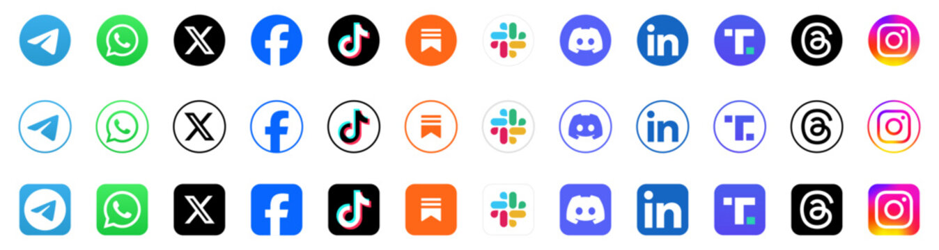 social media icon set or social network logos, whatsapp, linkedin, x, threads, youtube, pinterest, discord, snapchat, tiktok, facebook, instagram, slack, substack, logo, vector icons. social media app