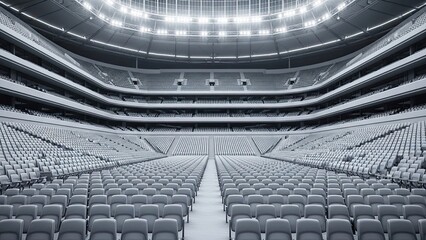 Grand Empty Modern Stadium Arena with Tiered Gray Seating and Bright Overhead Illumination, Awaiting Event