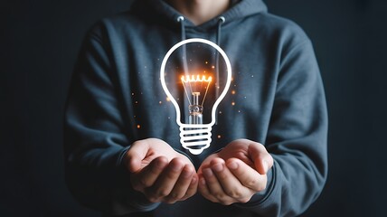Person Holding a Glowing Light Bulb Icon Representing Creative Ideas and Innovation in a Dark Studio