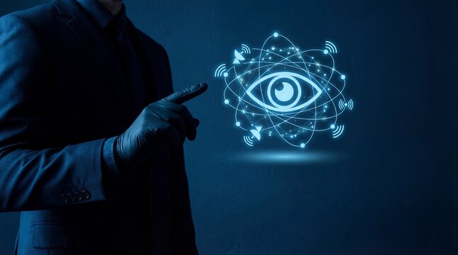 Businessman interacting with futuristic eye interface in dark blue - Powered by Adobe