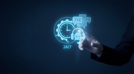 Businessman interacting with 24/7 customer support interface on dark background