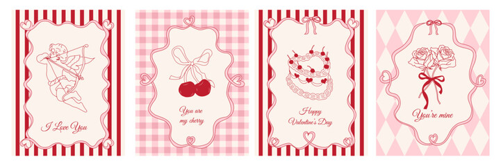 Valentine’s Day hand drawn vintage greeting card set with cupid, cherry, cake, rose, whimsical lines and decorative frame. © Huma Fida
