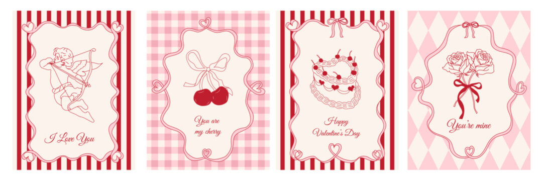 Valentine&rsquo;s Day hand drawn vintage greeting card set with cupid, cherry, cake, rose, whimsical lines and decorative frame.