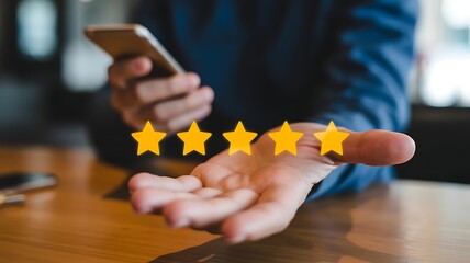 Person Showing Five Star Rating Icons Illustrating Top Quality Feedback and Customer Satisfaction