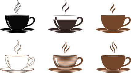 Obraz premium Set of various coffee and espresso cup icons with steam for cafe restaurant and breakfast beverage design