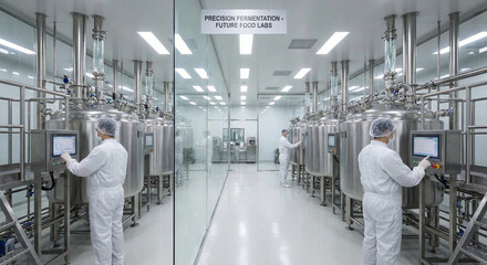 Precision fermentation food factory interior with steel bioreactor tanks