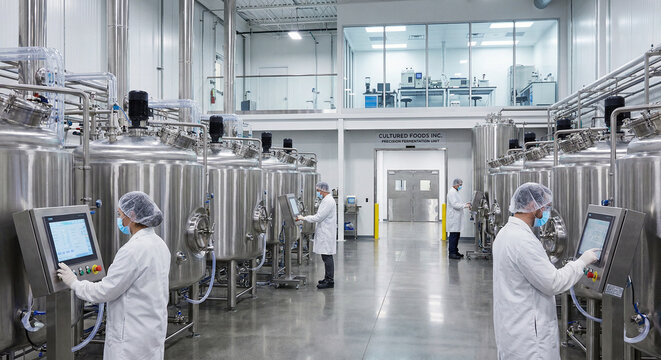 Precision fermentation food factory interior with steel bioreactor tanks
