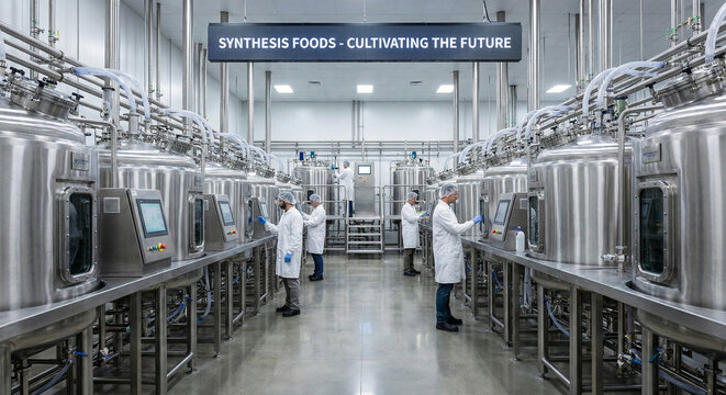 Precision fermentation food factory interior with steel bioreactor tanks