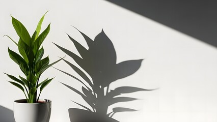 Indoor plants in white pots cast shadows on a white wall from natural light