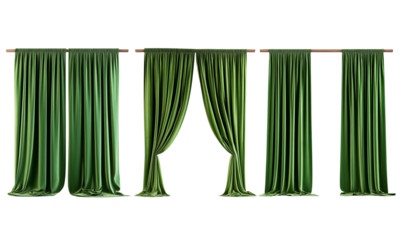 Green velvet curtains in multiple drapes and styles isolated on a transparent background