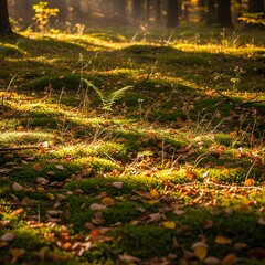 Sunlight filters through forest trees onto mossy terrain with fallen leaves and ferns in whisk_l22j29_via_RJ_Whisk_Auto.jpg