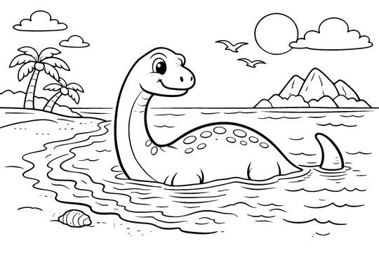 Happy cartoon long-necked dinosaur swimming in the ocean near a tropical beach with palm trees and mountains, black and white line art illustration perfect for a children's coloring page.