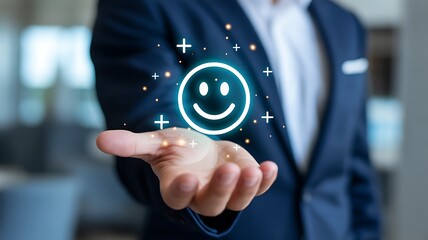 Businessman Holding a Glowing Smiley Face Icon for Customer Satisfaction and Positive Feedback Concept