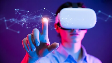 Young Man Wearing a Virtual Reality Headset Interacting with a Glowing Digital Network in the Metaverse