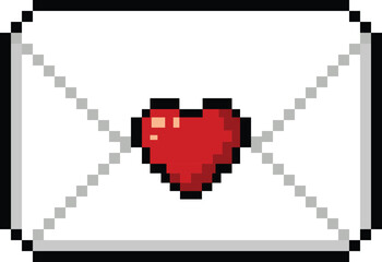 Fototapeta premium A retro pixel art illustration of an open envelope featuring a red heart seal in the center for Valentine’s Day designs, digital cards, games, stickers, messaging icons, and romantic retro projects