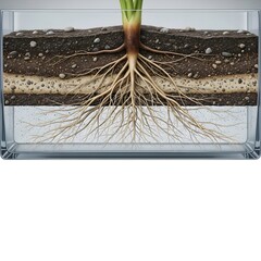 Detailed cross-section view of plant roots in soil layers within a transparent container