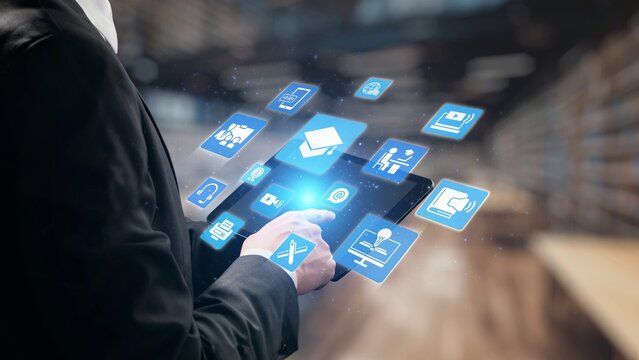 Online education icons show e-learning, online education classes, and digital study. Online education enables global online education access, flexible learning. Gist - Powered by Adobe