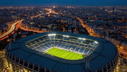 Aerial view of a large, illuminated modern sports stadium at night, surrounded by a vibrant city with glowing street lights and buildings.