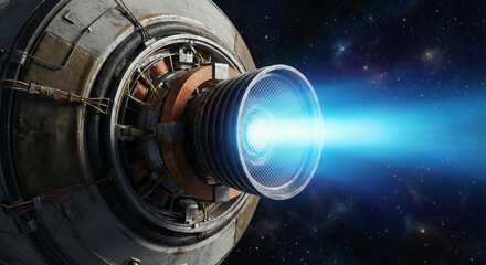 Electric ion thruster engine firing blue xenon plasma beam in space