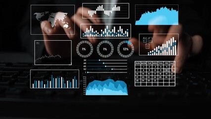 Data analysis and digital dashboard visualization with graphs, charts, and world map on a computer screen during business research and market analysis session Gluon.