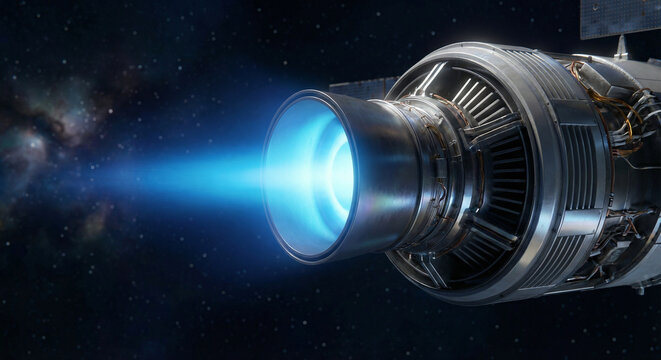 Electric ion thruster engine firing blue xenon plasma beam in space