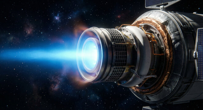 Electric ion thruster engine firing blue xenon plasma beam in space