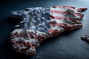 3D map of Iceland with American flag design showing geographic features and colors representing both places