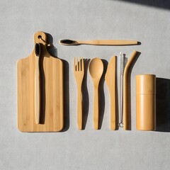 Assorted wooden kitchen utensils and accessories arranged neatly on a grey surface with shadows