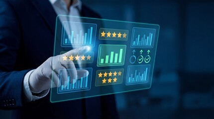 Businessman analyzing data on a futuristic digital interface with graphs and ratings