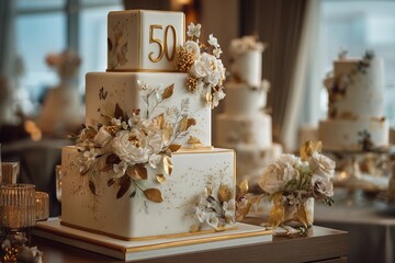 Obraz premium Celebration with a large cake featuring flowers for a 50th anniversary event in a decorated venue