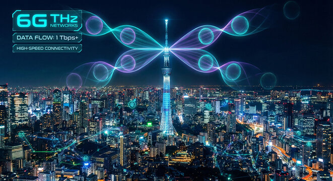 6G terahertz frequency waves visualization over night city communication concept - Powered by Adobe