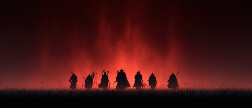 Minimalist Silhouettes of Characters Against a Fiery Red Background