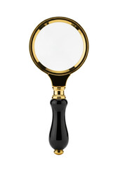 Macro close-up of a luxurious brass magnifying glass with a black lacquer handle, set against a stark white studio background, high-key lighting, tack sharp focus. Concept of scientific precision and