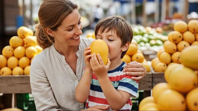 Mother and son enjoying fresh mangoes at a vibrant outdoor market