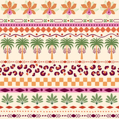 Fototapeta na wymiar Tropical striped seamless pattern. Palm tree, flower leopard skin spots, geometric elements. Hawaii summer beach print, jungle textile design, safari repeat background. Vector tribal ethnic wallpaper.