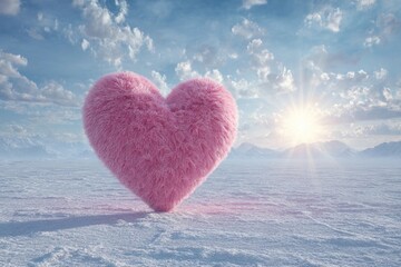 Fototapeta premium Soft pink heart placed on white snow with blue sky and sun shining in background during winter