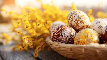 Obraz premium Colorful eggs in a basket next to yellow flowers on a wooden surface